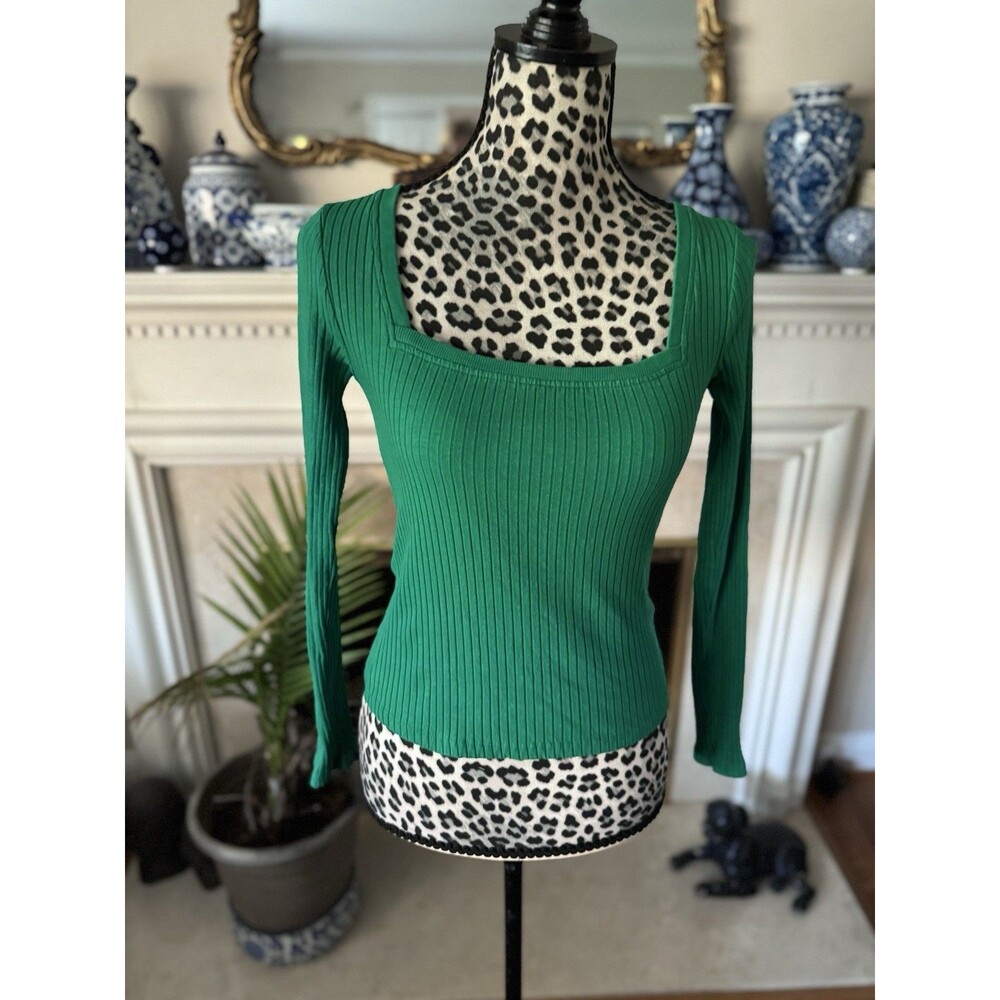 Zara Women’s Long Sleeve Crop Top Green Square Neck Size S Rib Knit Cotton Blend